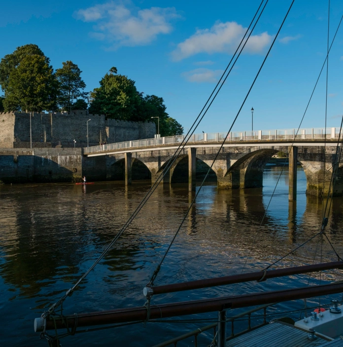 Cardigan Castle and a bridge over the Teifi river.