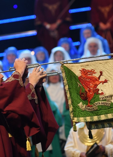 Ceremonial musicians with Welsh flags on instruments.