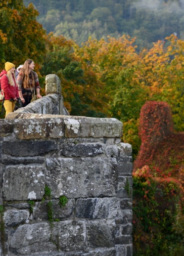 people stood on stone bridge and red ivy covered building and autumnal trees.