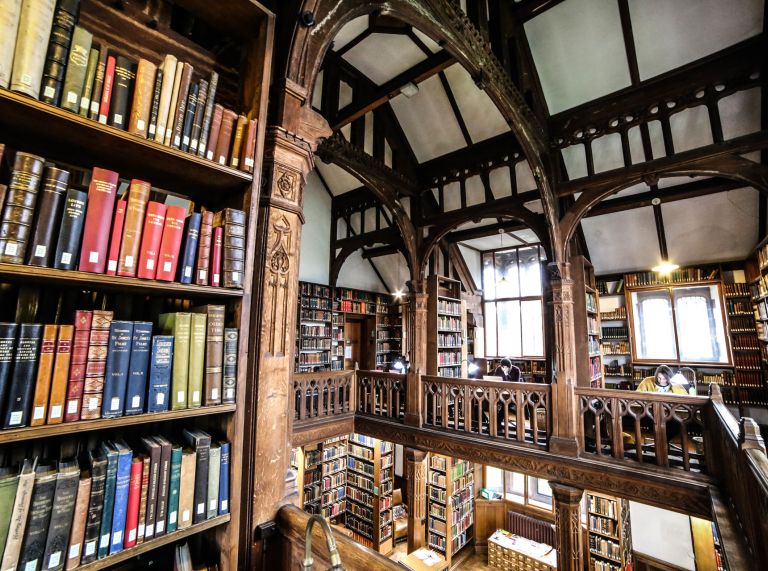Wooden shelves and ceiling with books (library)