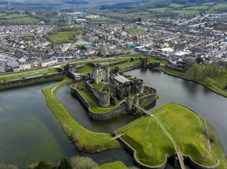 aerial view of castle and surrounding town.