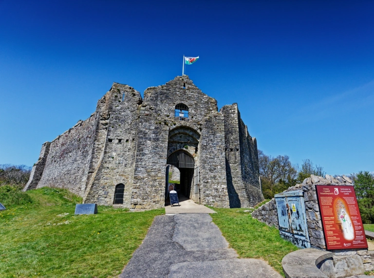 The front entrance to a small castle.