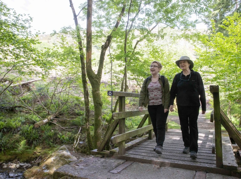 woman and man walking across wooden bridge.