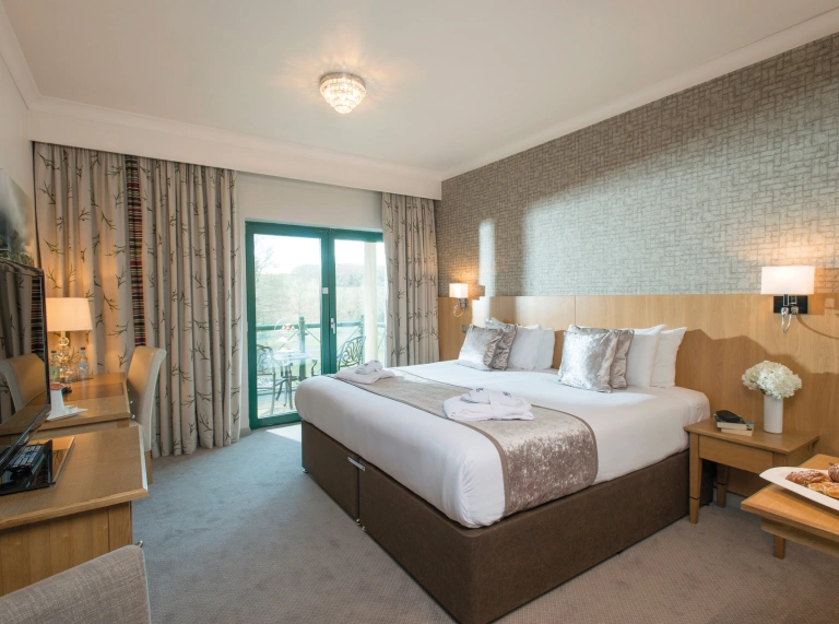 interior of luxury hotel bedroom. with balcony.