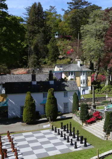Giant chess set in Portmeirion garden