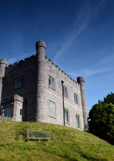 looking up at Abergavenny Castle from the bottom of the hill.