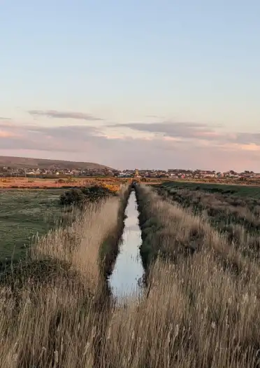 A drainage ditch with a town in the background.