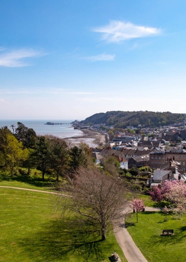 A coastal town seen over a grassy hilltop.