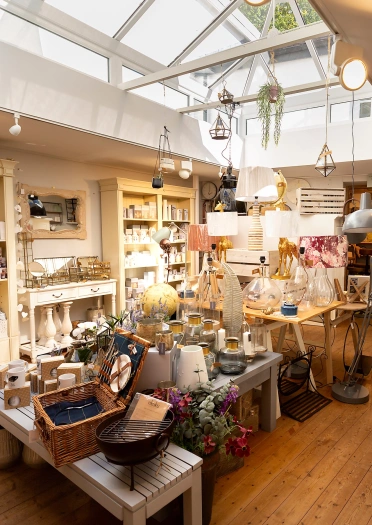 interior of shop with glass roof.