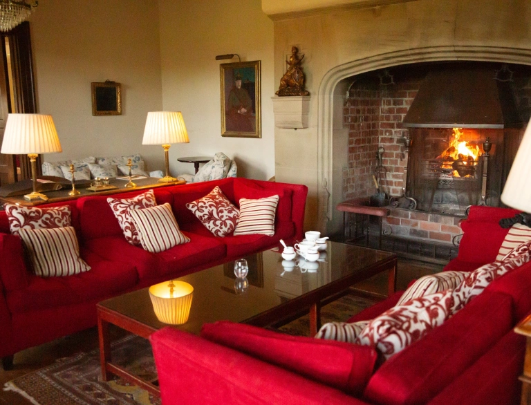 hotel lounge with fire.