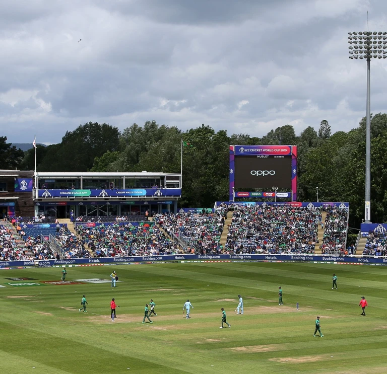 Crowds at Sophia Gardens cricket stadium watching a match.