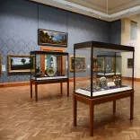 Displays of artefacts at National Museum Wales.