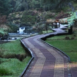 A wide boardwalk in woodland leading to a viewing point, alongside a river.
