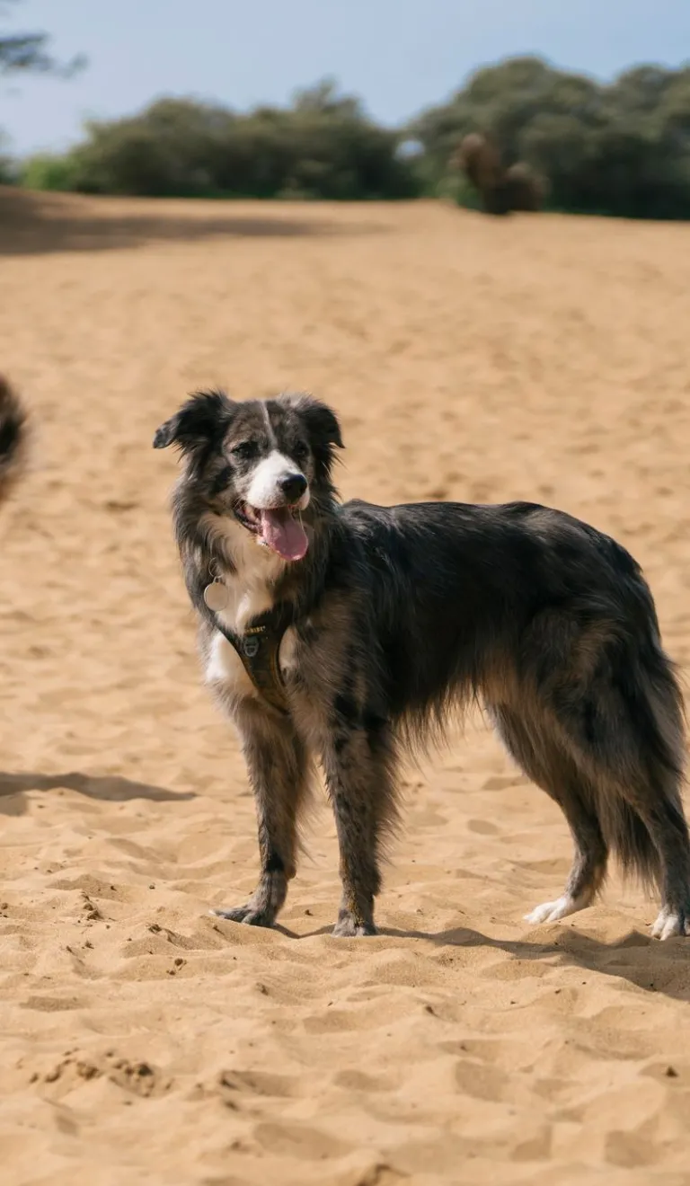 Two dogs stood on a sandy beach.